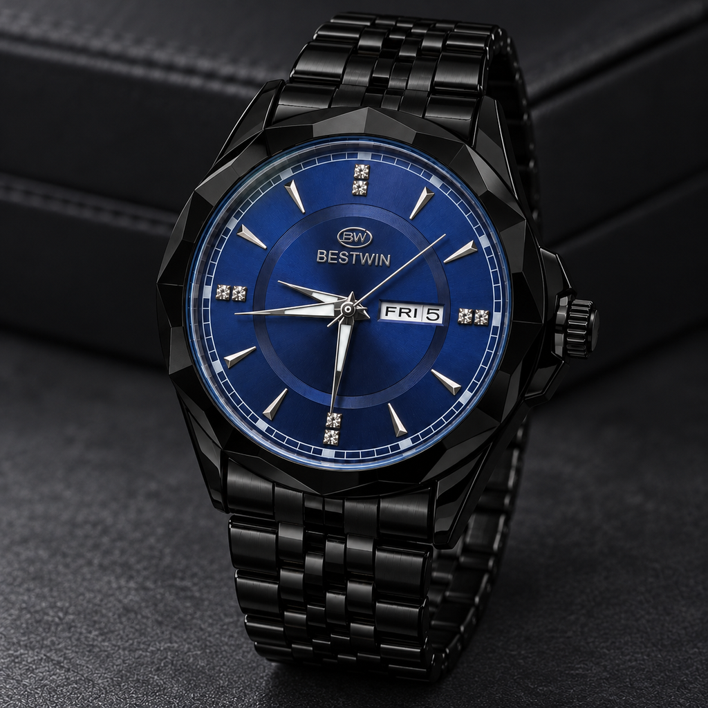 BESTWIN Men's Black Watch with Blue Dial – Day-Date Luxury Wrist Watch