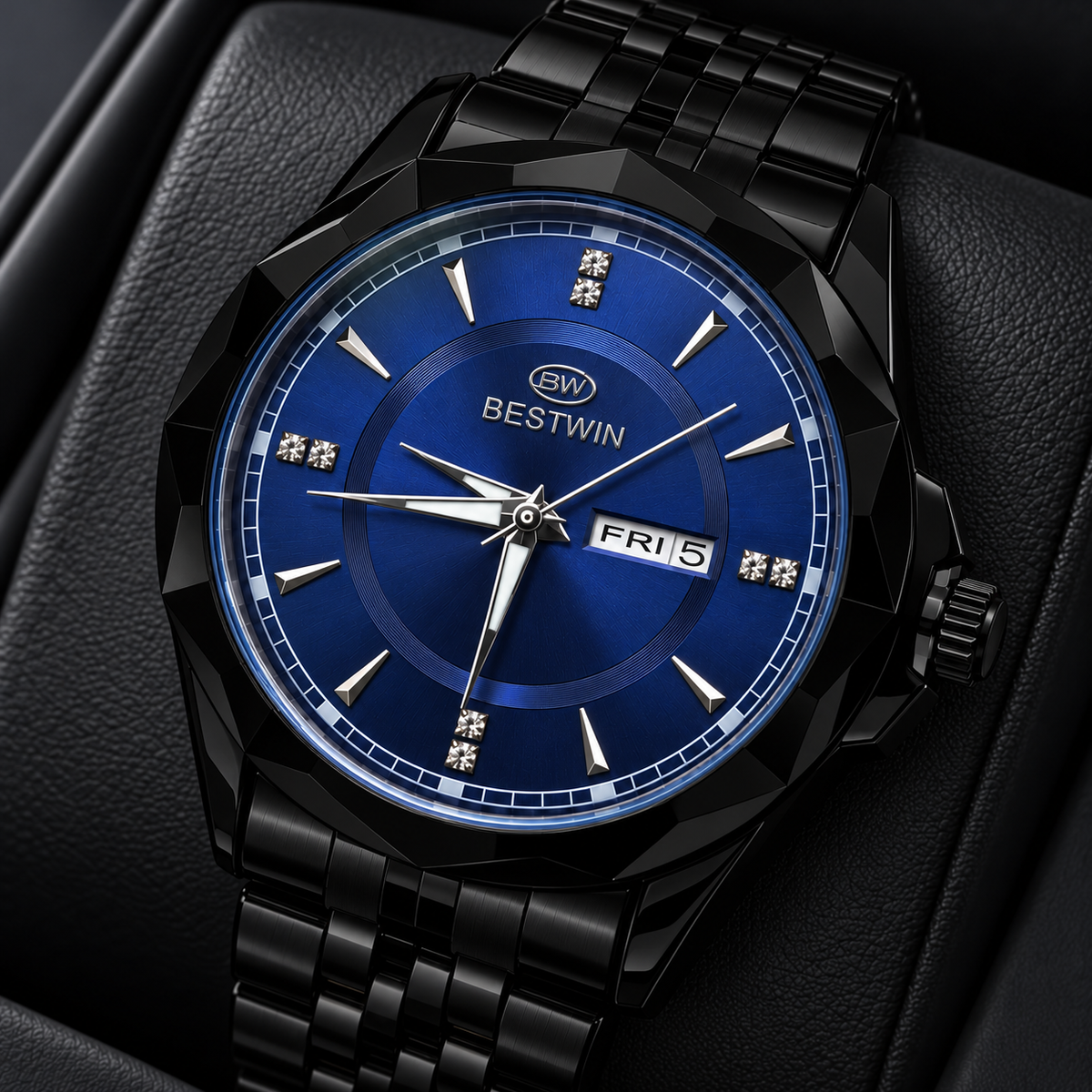 BESTWIN Men's Black Watch with Blue Dial – Day-Date Luxury Wrist Watch