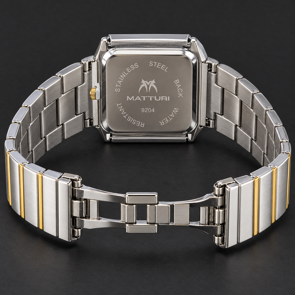 MATTURI Men's Square Gold Dial Watch – Silver & Gold Quartz Wrist Watch with Date