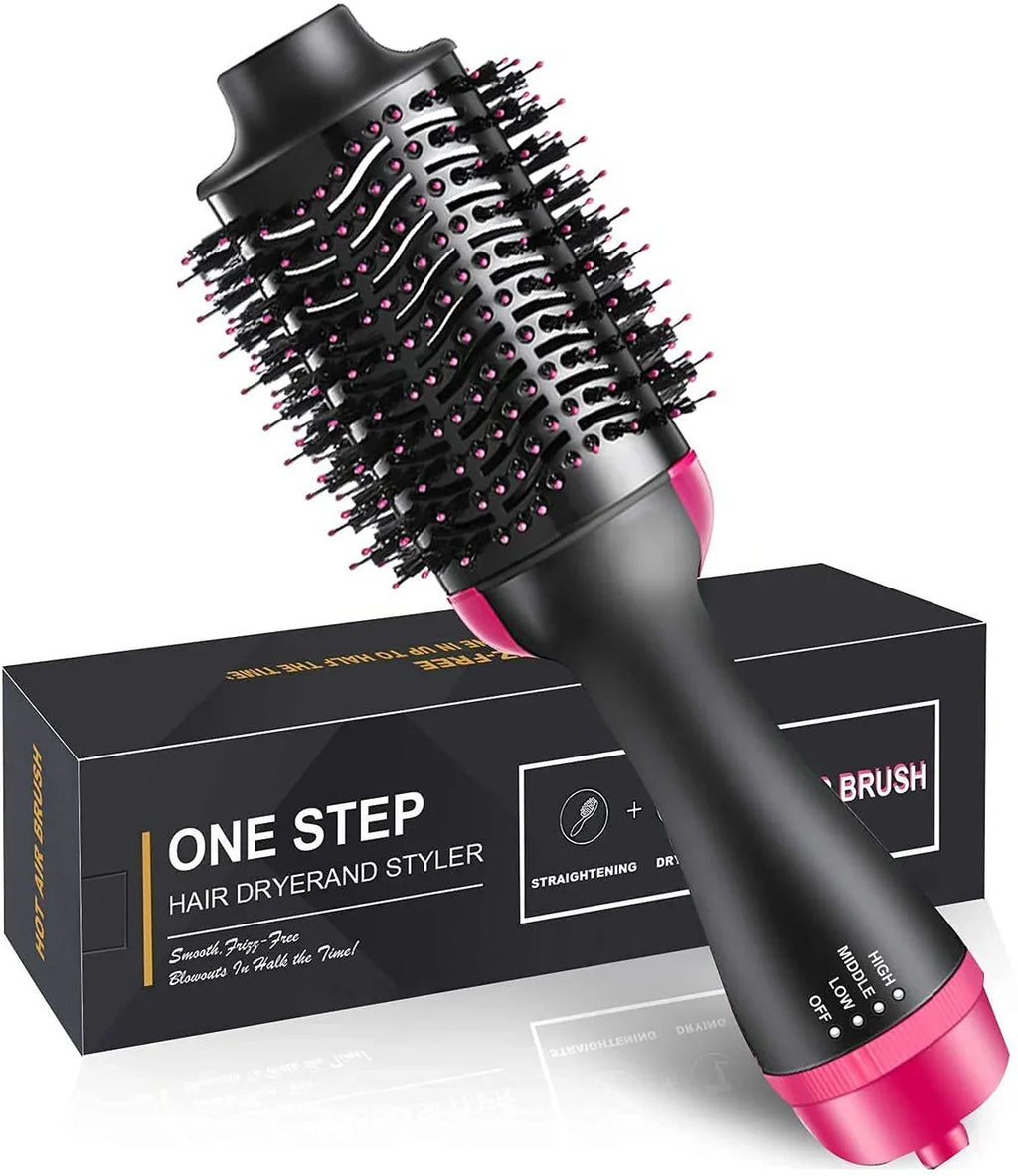 One-step hair dryer and styler with pink accents on a white background