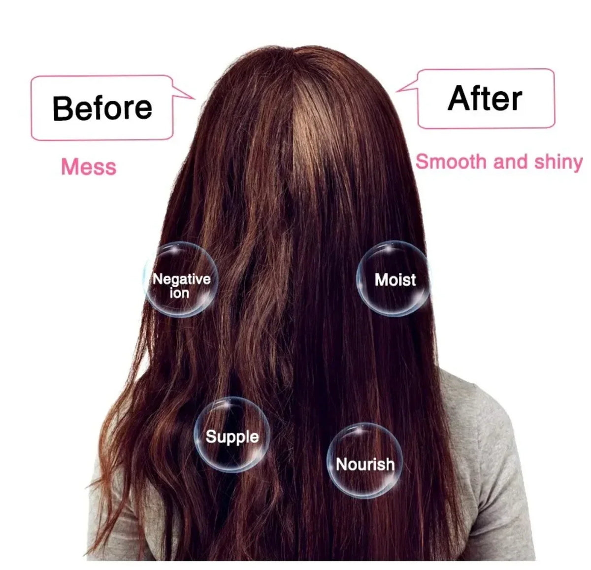 Before and after comparison of hair treatment effects on long brown hair.