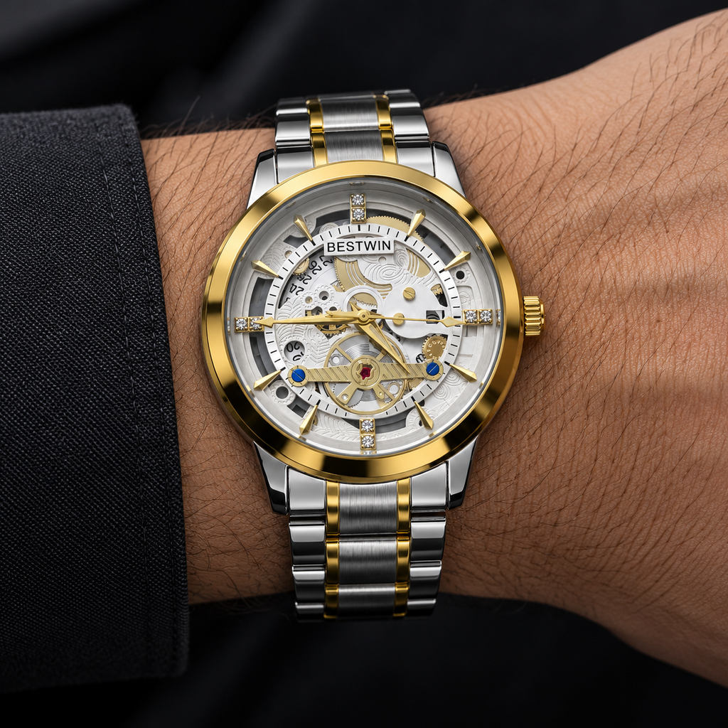 BESTWIN Men's Skeleton Watch – Two-Tone Silver & Gold Stainless Steel Luxury Wrist Watch