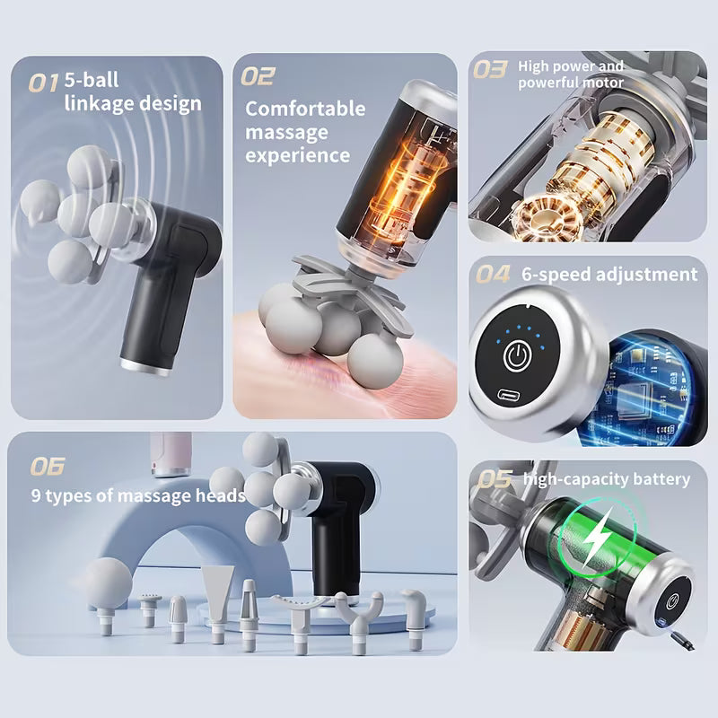 5 Head Rechargeable Massage Gun 6 Speed Deep Tissue Muscle Massager