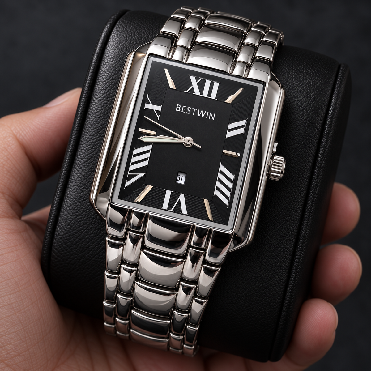 BESTWIN Men's Silver Rectangular Watch – Black Roman Dial Wrist Watch with Date