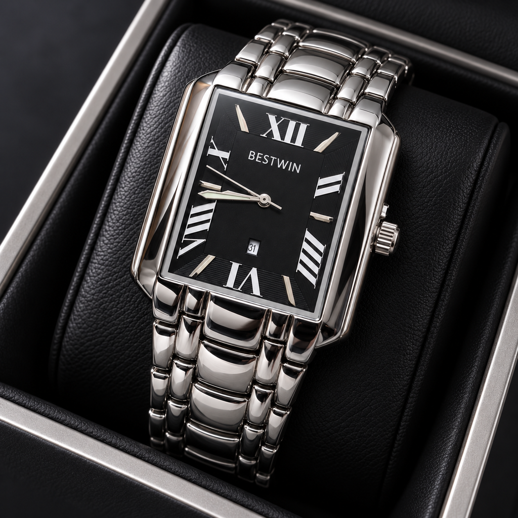 BESTWIN Men's Silver Rectangular Watch – Black Roman Dial Wrist Watch with Date