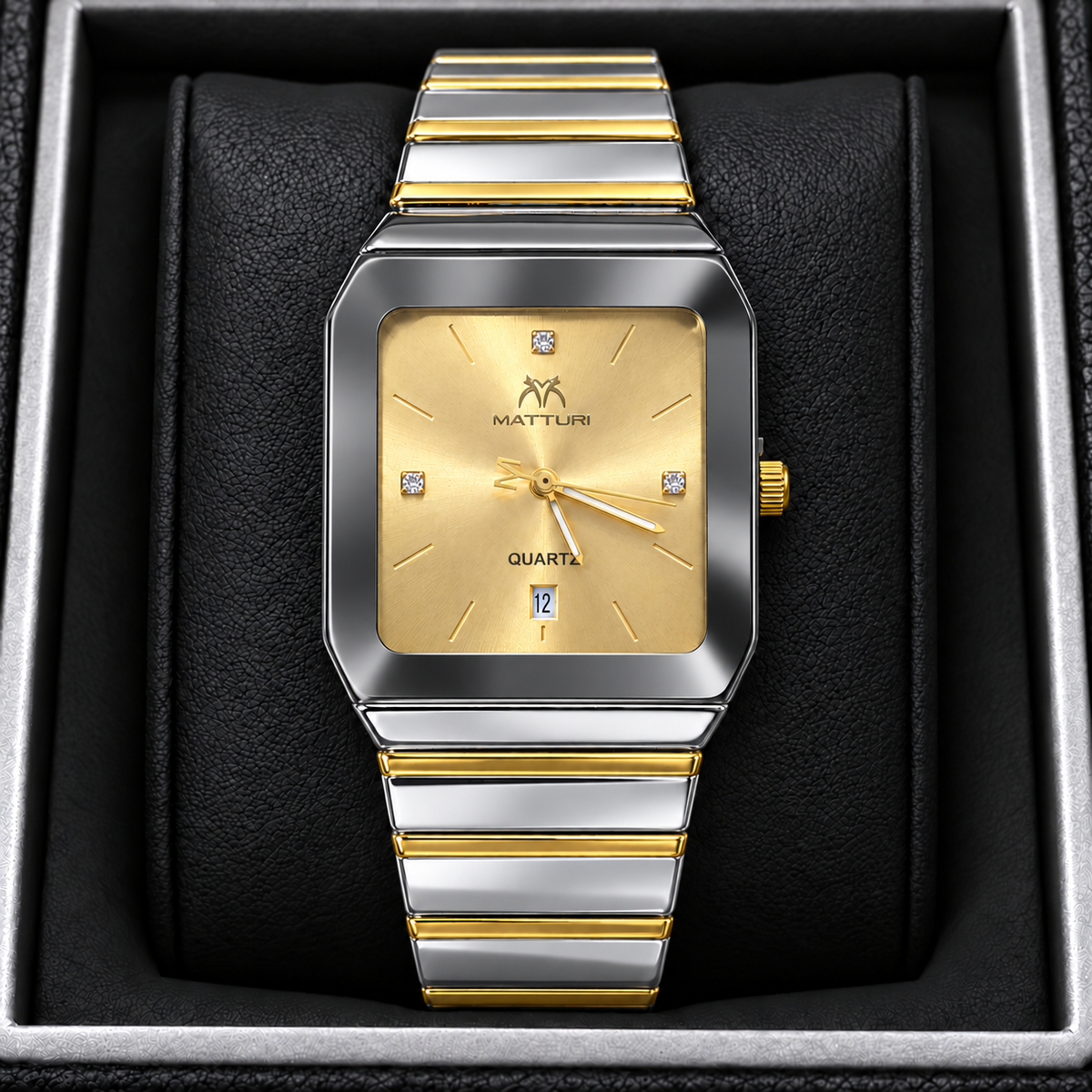 MATTURI Men's Square Gold Dial Watch – Silver & Gold Quartz Wrist Watch with Date