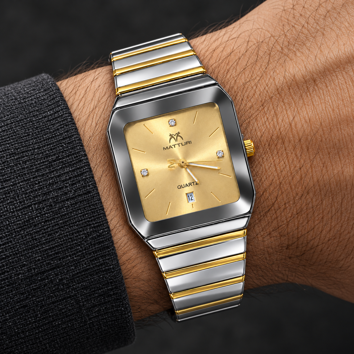 MATTURI Men's Square Gold Dial Watch – Silver & Gold Quartz Wrist Watch with Date