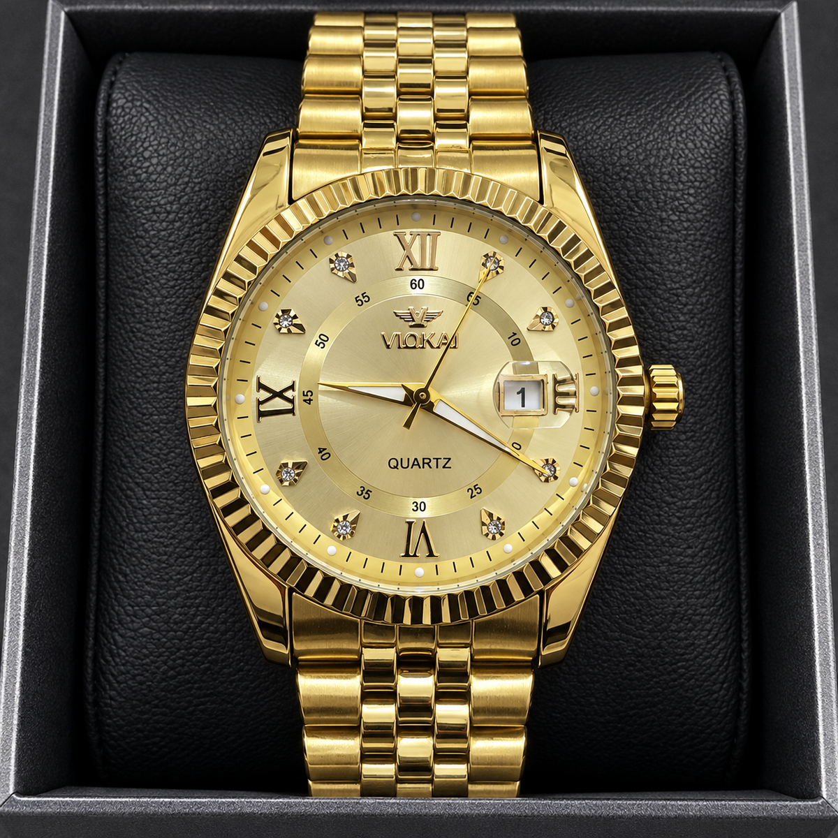 VLOKAI Men's Gold Watch – Fluted Bezel Roman Dial Quartz Wrist Watch with Date