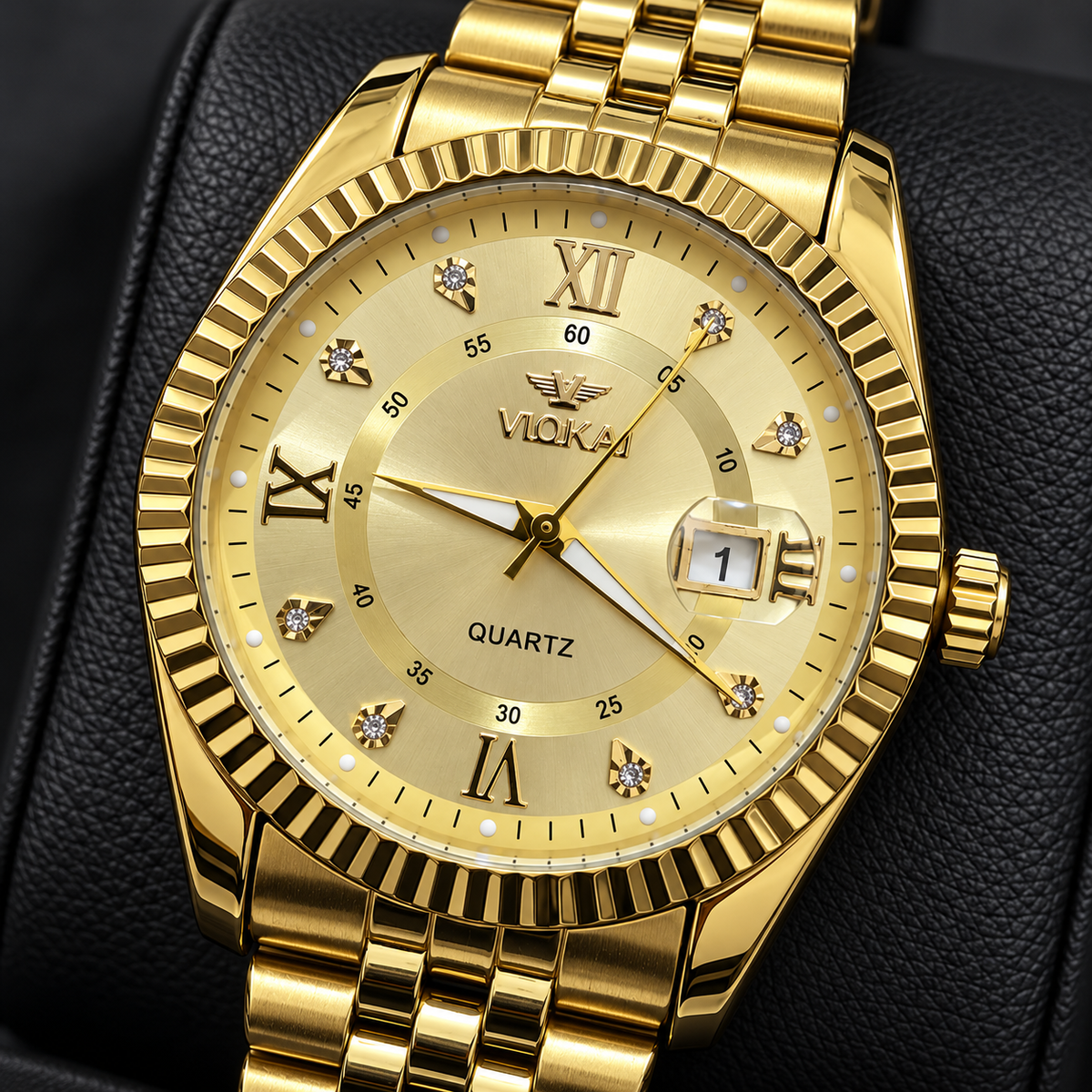 VLOKAI Men's Gold Watch – Fluted Bezel Roman Dial Quartz Wrist Watch with Date