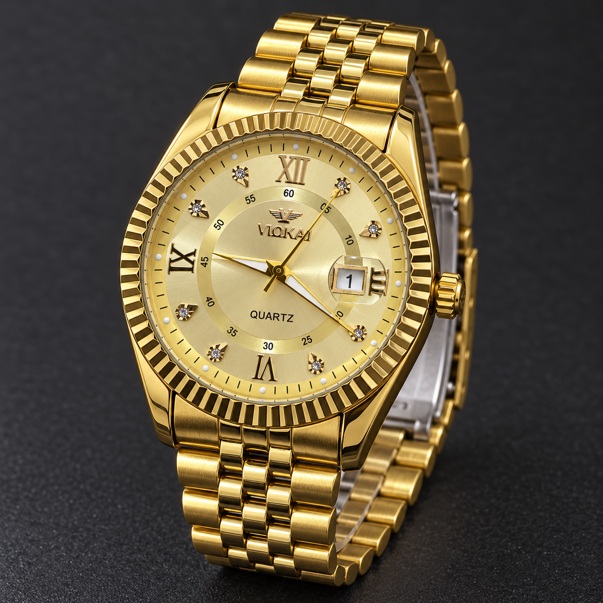 VLOKAI Men's Gold Watch – Fluted Bezel Roman Dial Quartz Wrist Watch with Date