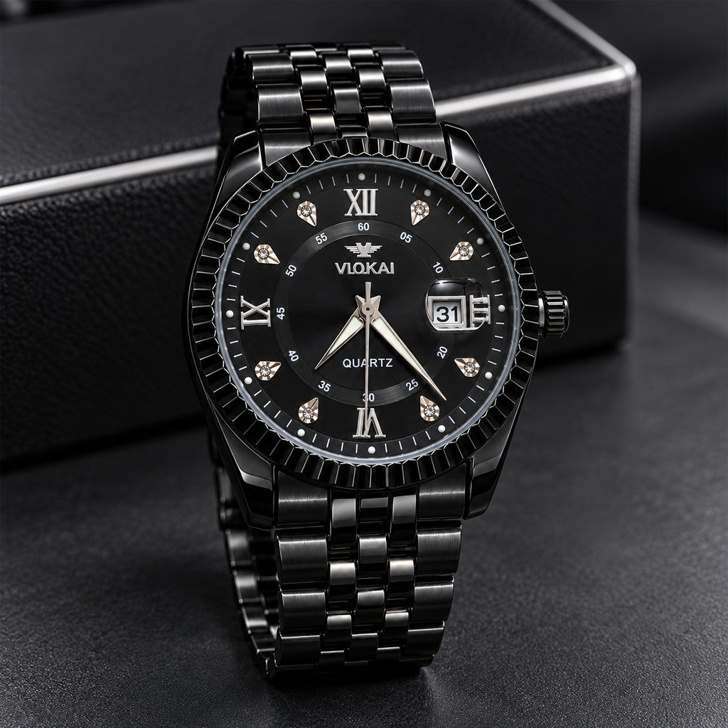 VLOKAI Men's Black Watch – Fluted Bezel Roman Dial Quartz Wrist Watch with Date