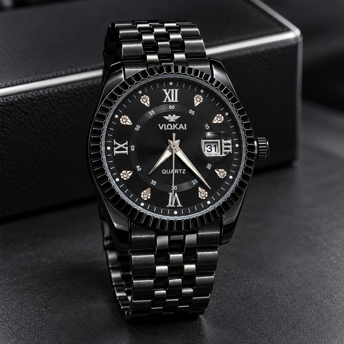 VLOKAI Men's Black Watch – Fluted Bezel Roman Dial Quartz Wrist Watch with Date