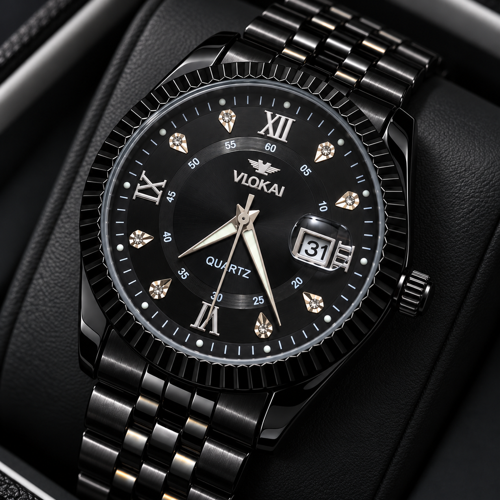 VLOKAI Men's Black Watch – Fluted Bezel Roman Dial Quartz Wrist Watch with Date