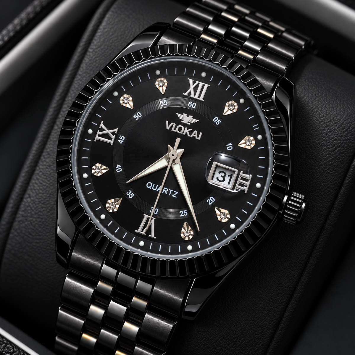 VLOKAI Men's Black Watch – Fluted Bezel Roman Dial Quartz Wrist Watch with Date
