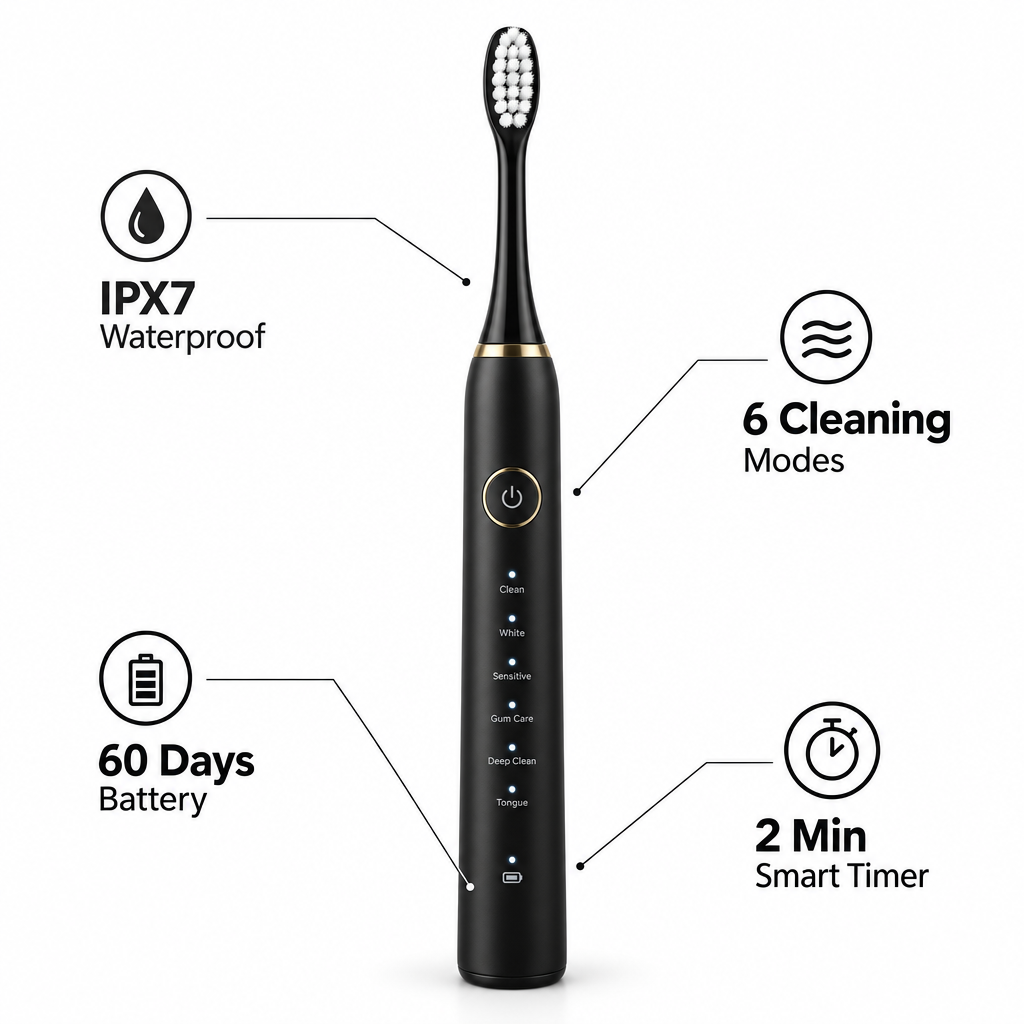 X-3 Sonic Electric Toothbrush in Black with feature callouts