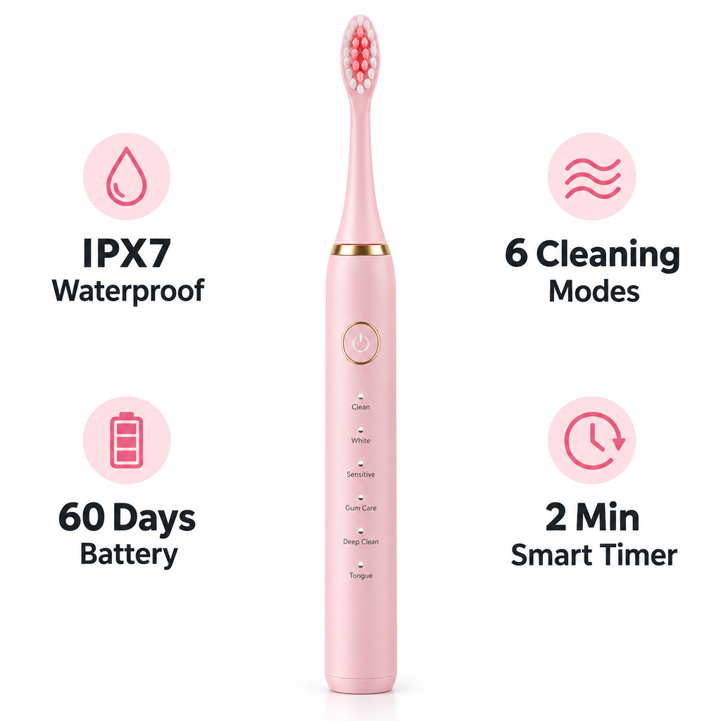 X-3 Sonic Electric Toothbrush in Pink with feature callouts