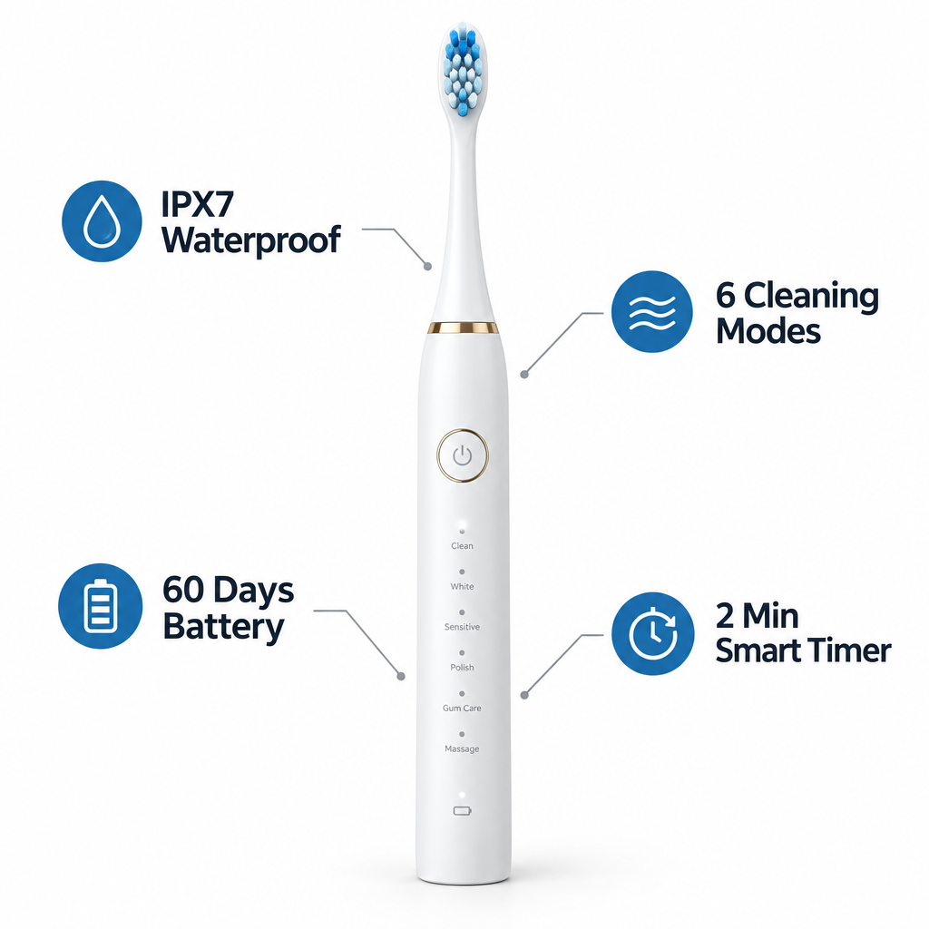 X-3 Sonic Electric Toothbrush in White with feature callouts